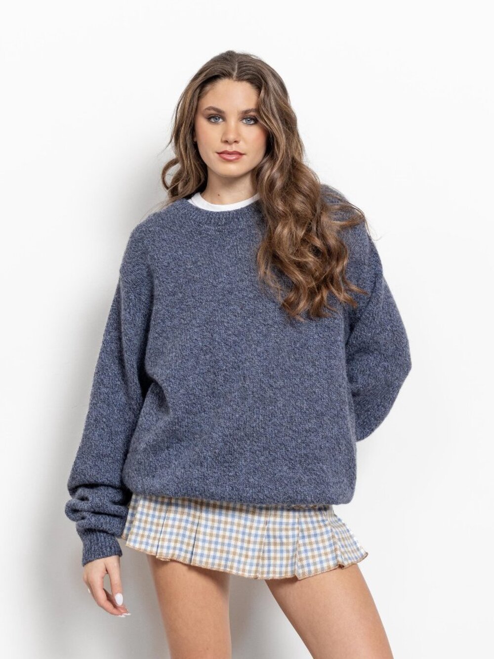 BLUE WOOL SWEATER Vintage Knit Pullover Jumper 90's Oversize Heather / Large